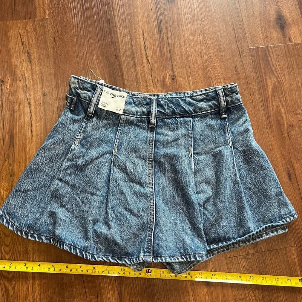 Free People Blue Denim Pleated Mini Skort